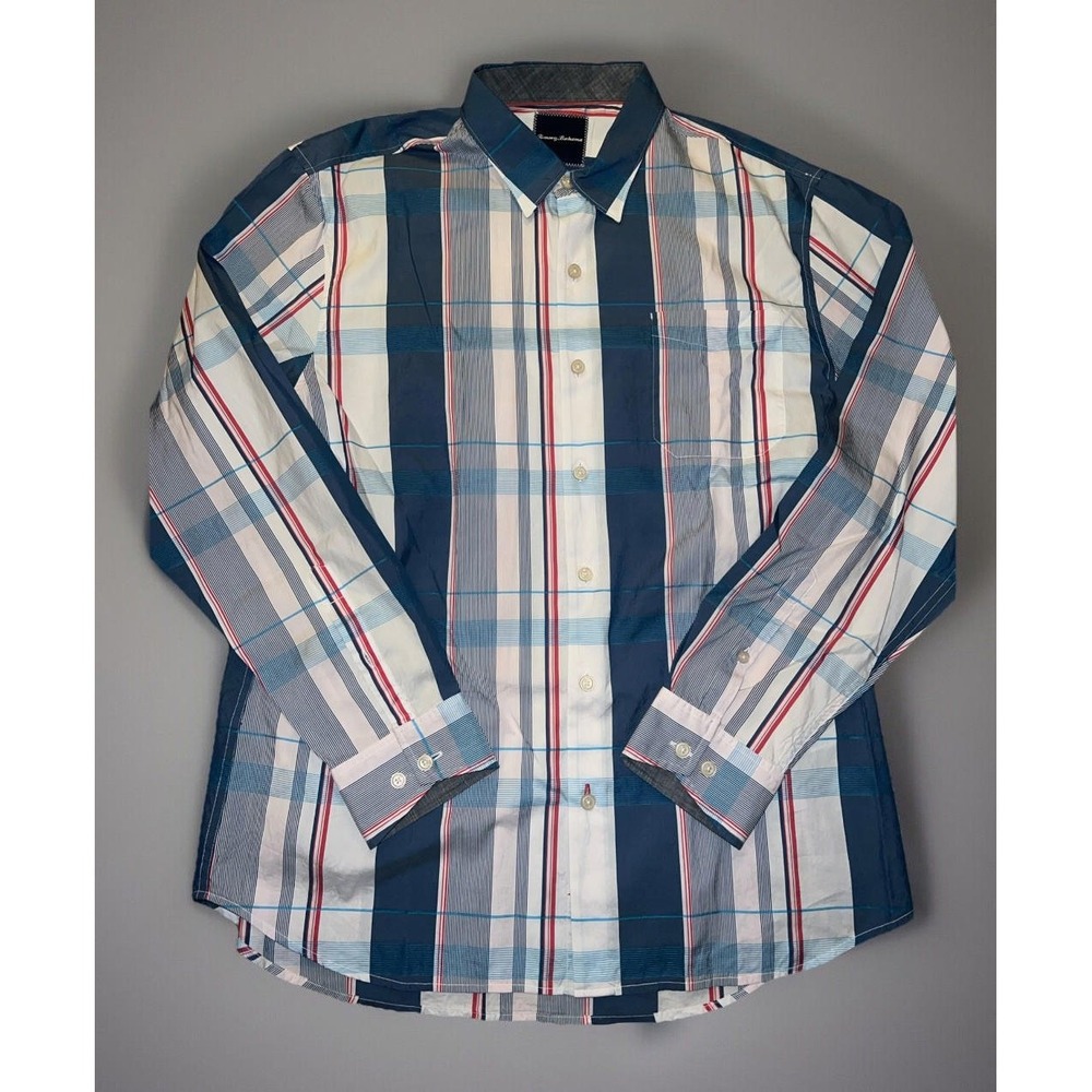 Tommy Bahama Mens Large Silk Blend‎ Long Sleeve Plaid Button Up Shirt